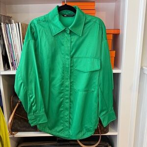 Green Satin Button-Front Shirt